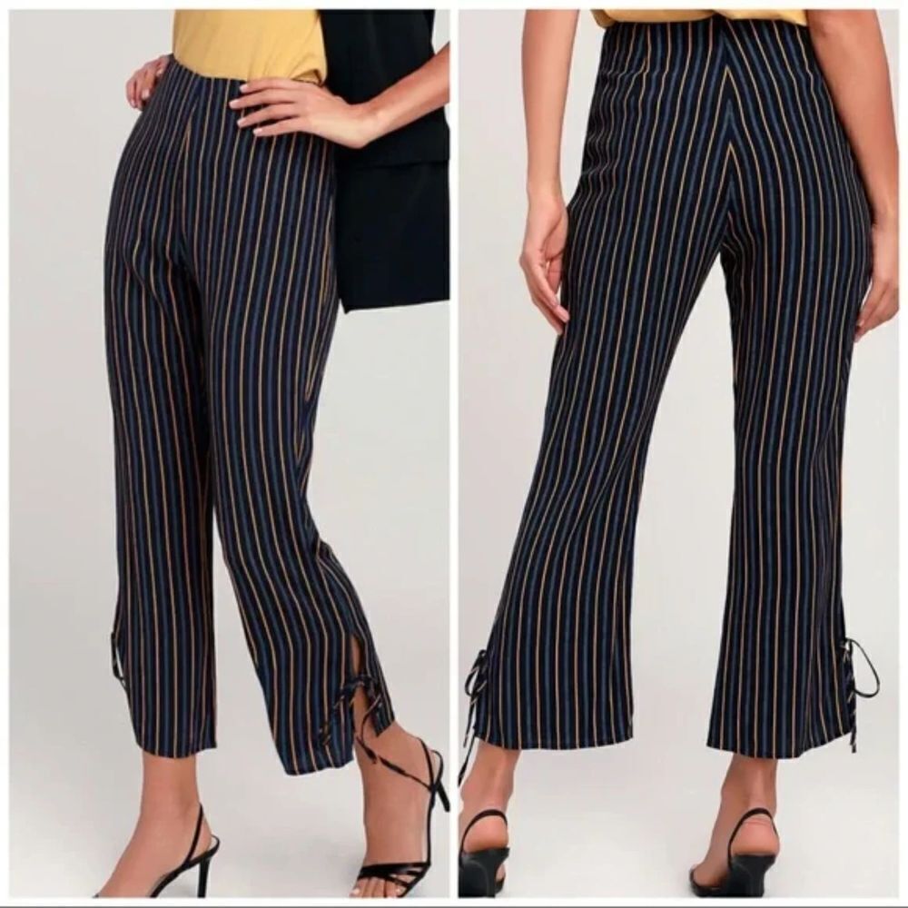 Lulus Pants Womens Small Navy Blue Crop Striped High Waist Lightweight New